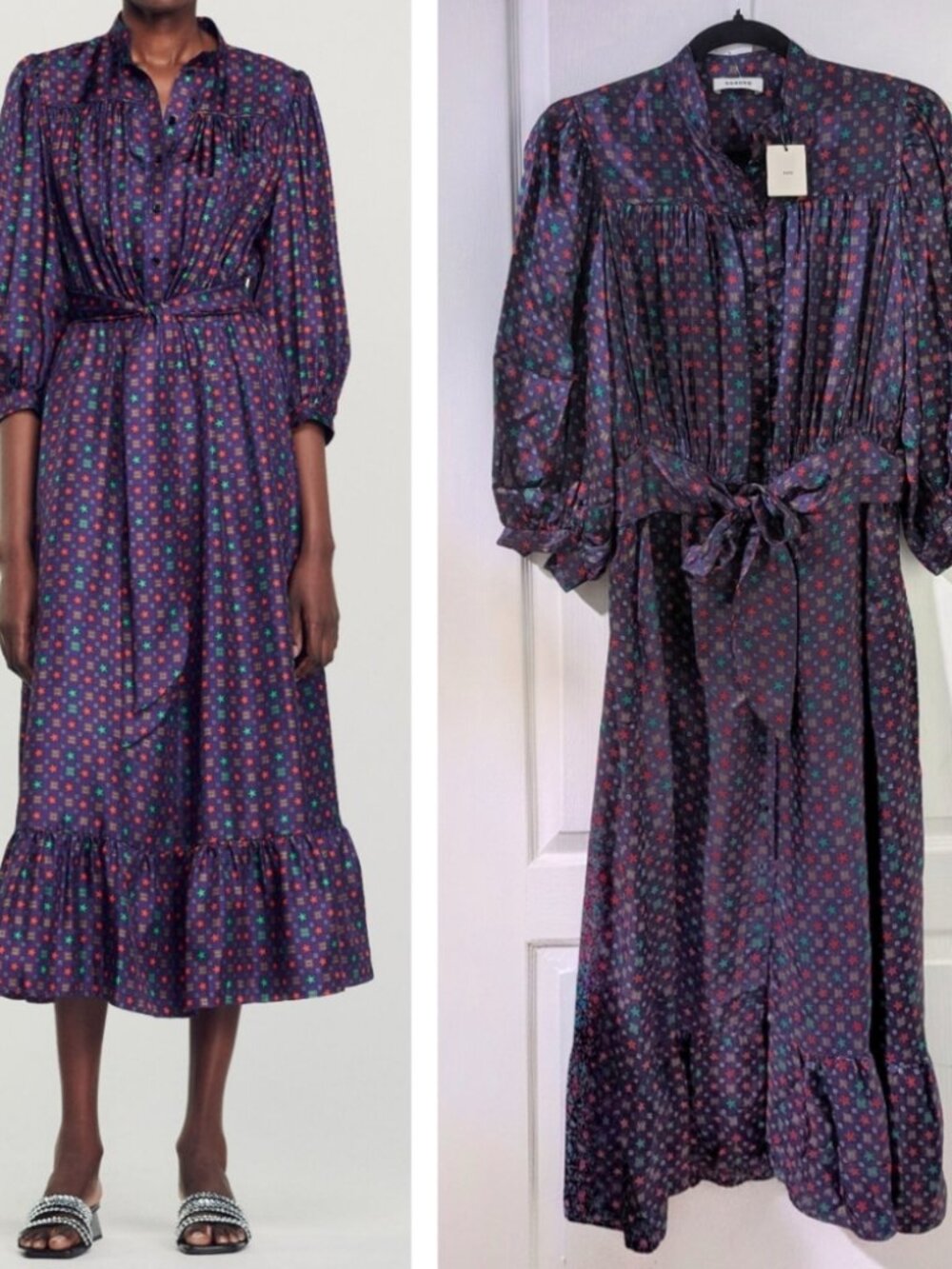 Sandro Paris | Scarf Print Midi Dress In Navy